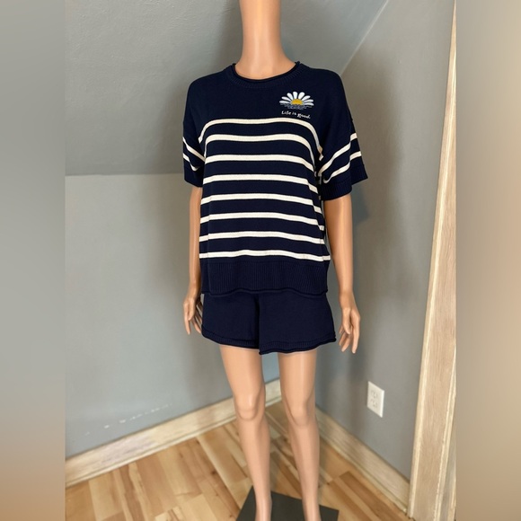Life is Good Navy Striped Knit Lounge Set - Short Sleeve Top & Shorts, Size S - Picture 2 of 7